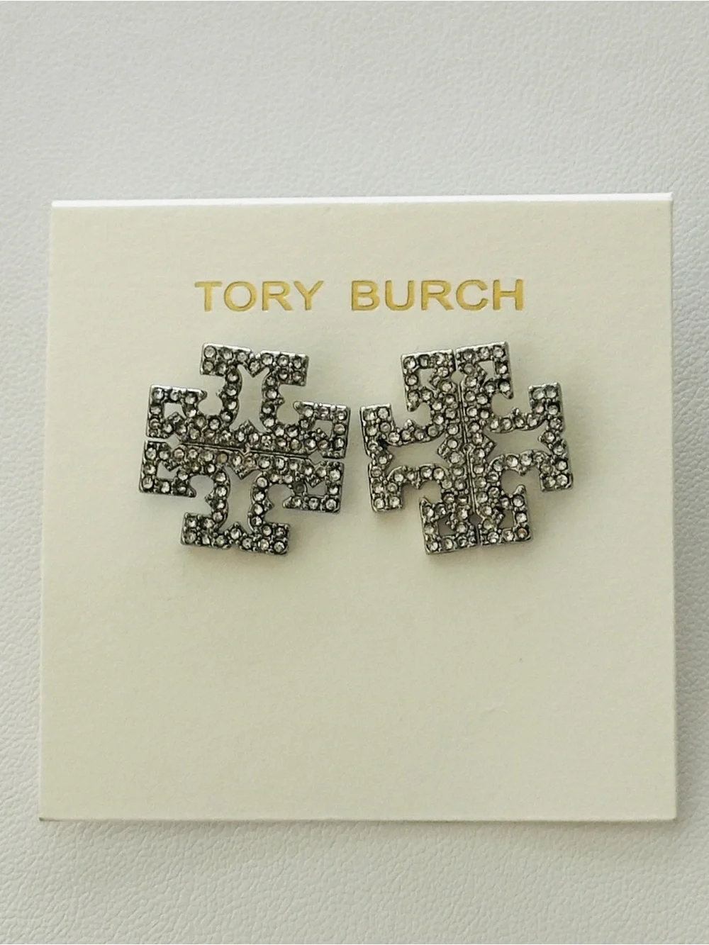 Tory Burch Silver Crystal Logo Earrings Studs